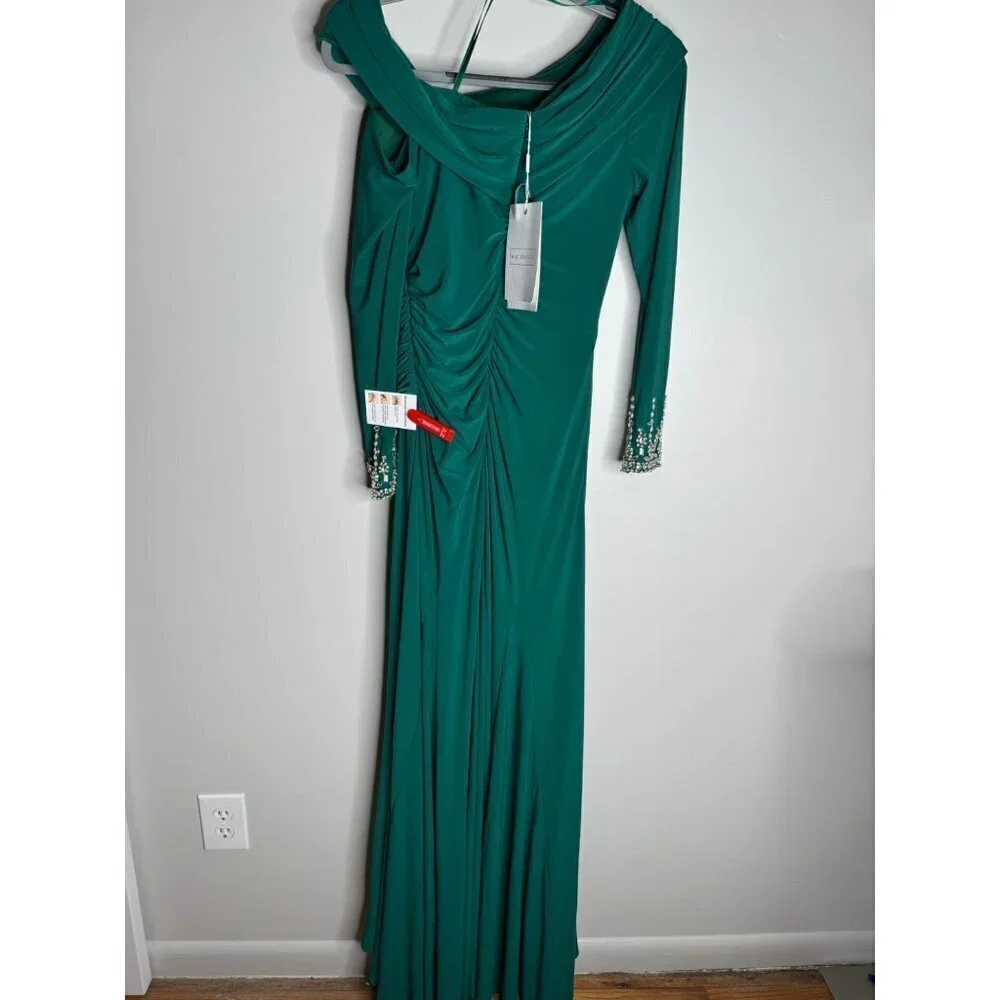 MAC DUGGAL Maxi Gown Dress Green Beaded Cuff Off Shoulder Jersey Stretch Size 4 - Picture 8 of 8